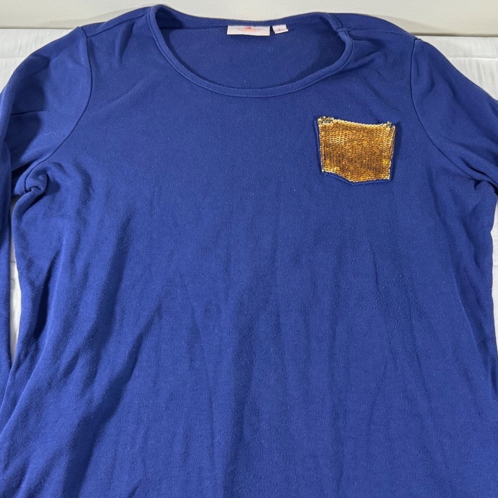 Quacker Factory Jeanne Bice Royal Blue Gold Sequin Pocket Long Sleeve Top L